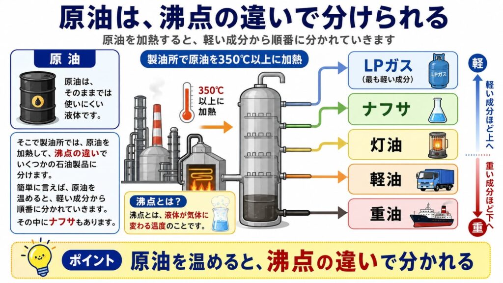 原油は、沸点の違いで分けられる